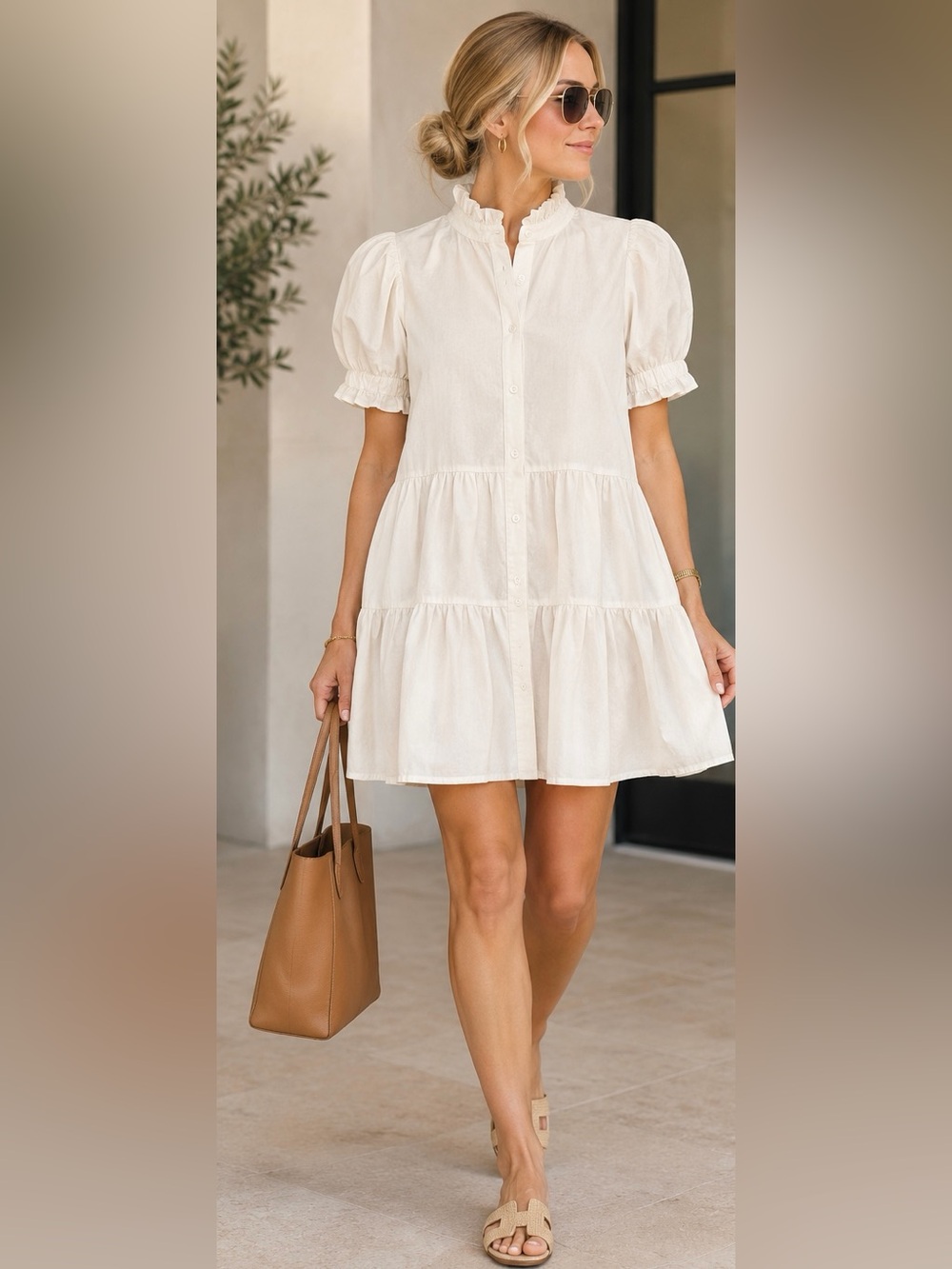 Stark X Rose ruffle collar Tiered Poplin Mini Shirt Dress in Cream /Ivory Size S